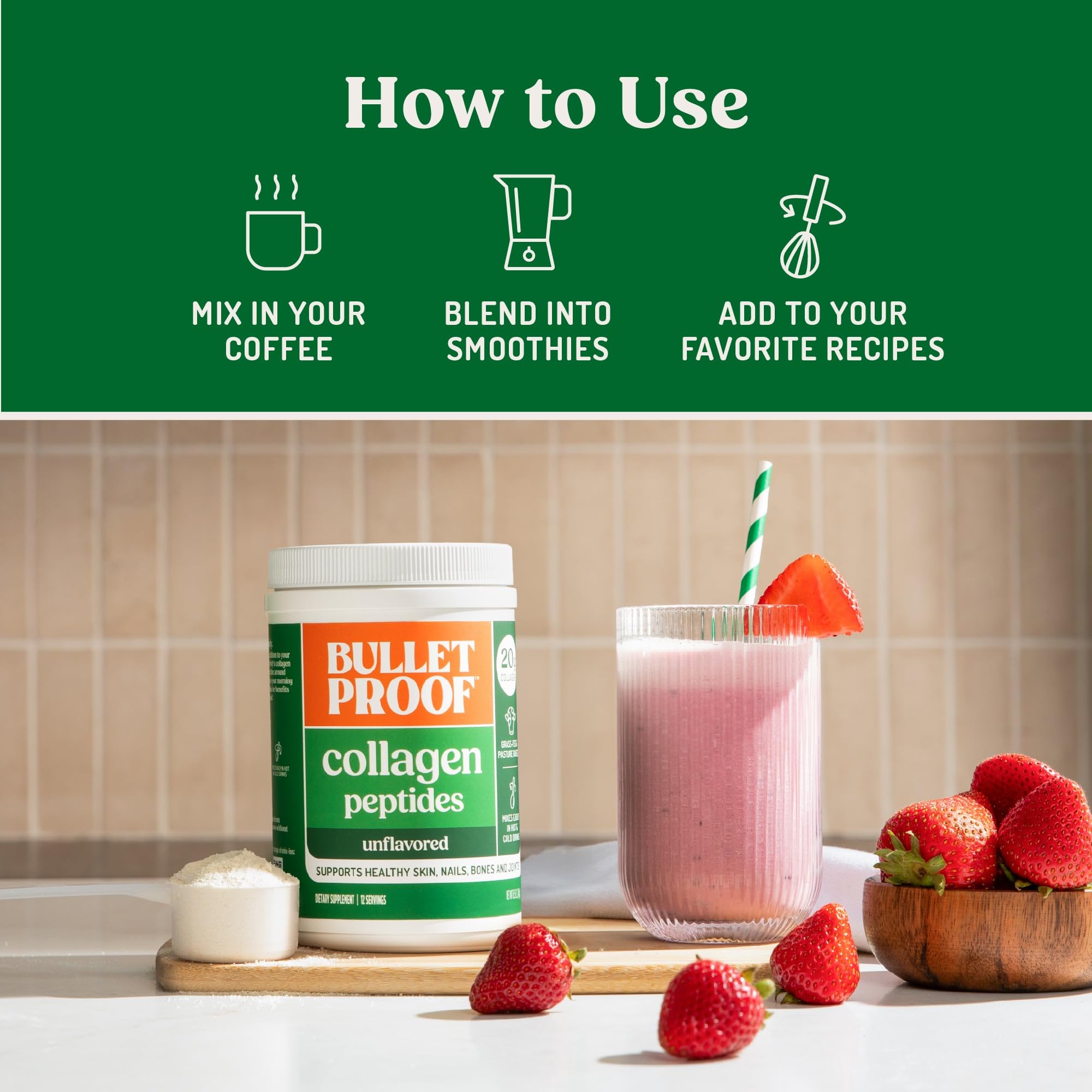 Bulletproof Collagen Peptides servido en batido vegetal, aporte proteico práctico