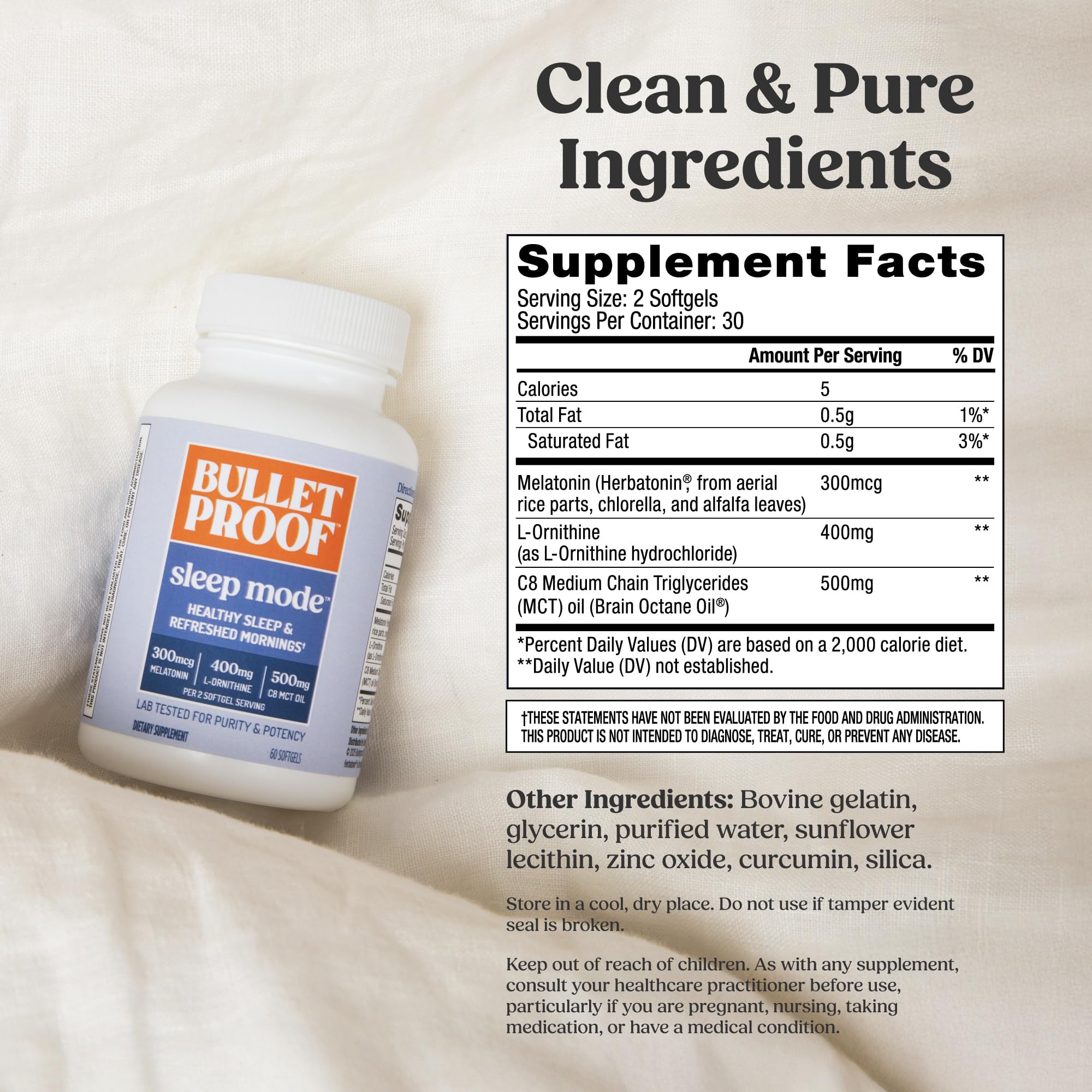 Bulletproof Close-up de softgel Sleep Mode resaltando textura y fácil ingestión