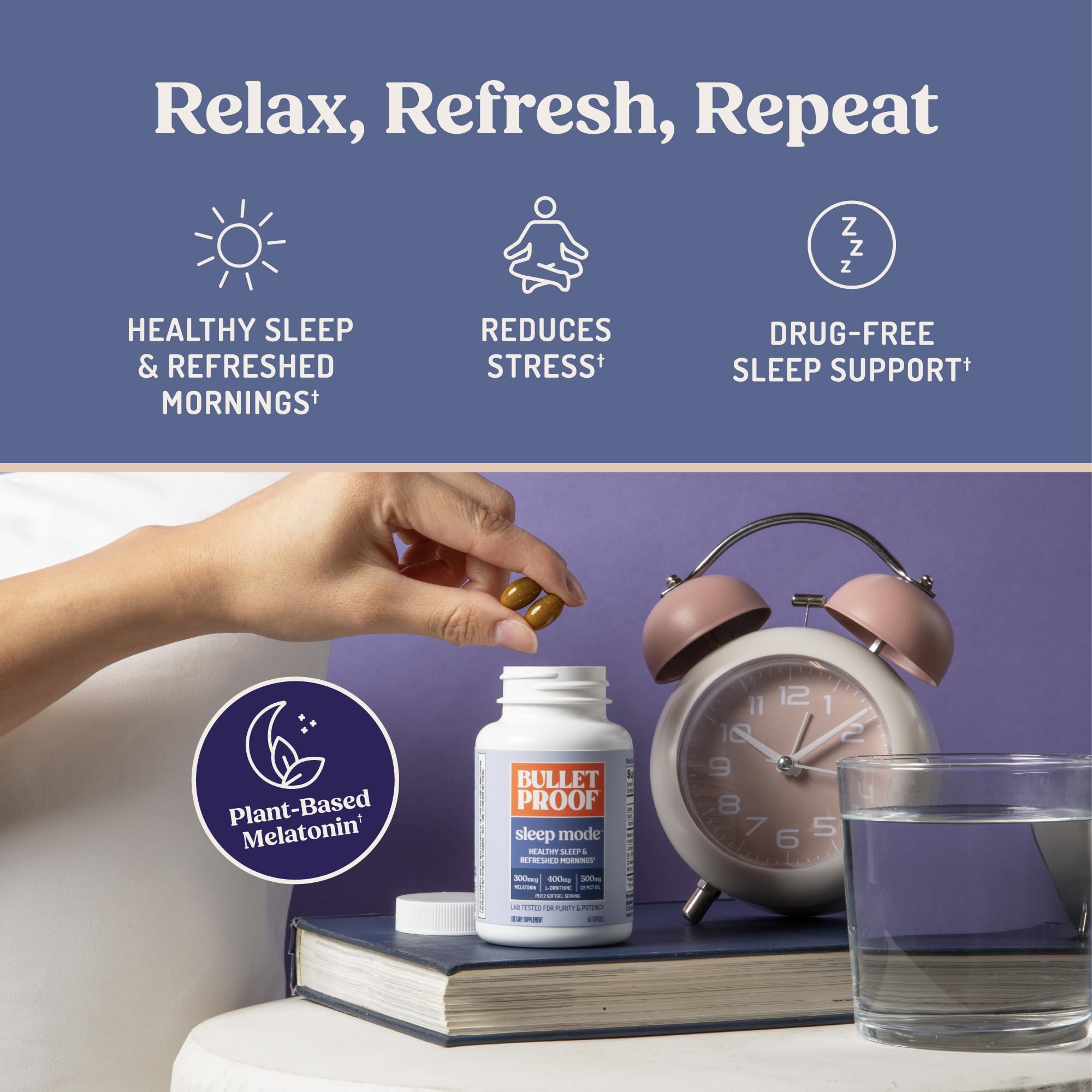 Bulletproof Frasco abierto con cápsulas Sleep Mode listo para tomar antes de dormir