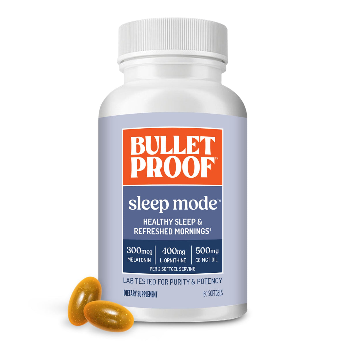 Bulletproof Sleep Mode vista frontal del frasco mostrando 60 cápsulas y beneficios