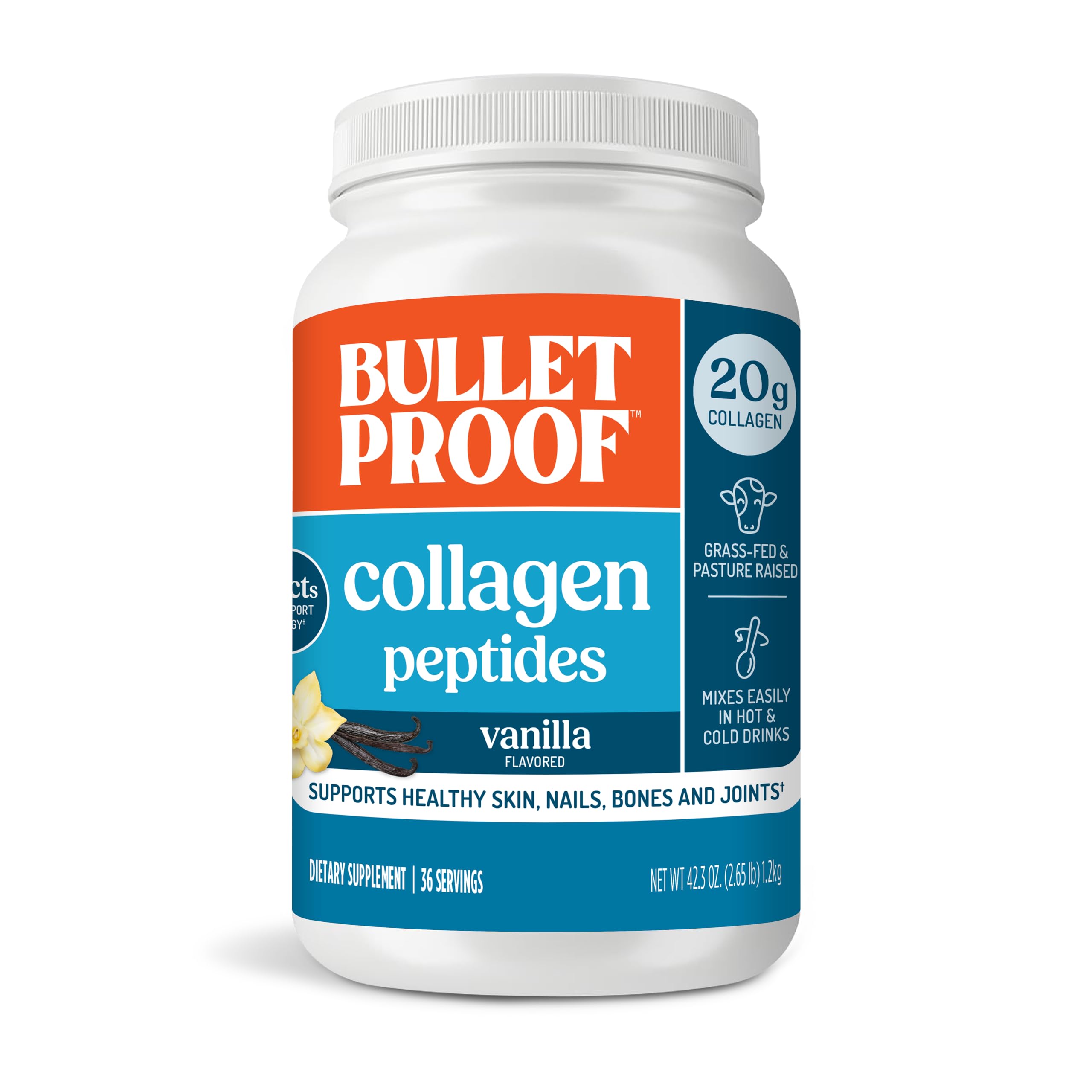 Bulletproof envase frontal mostrando tamaño value y sabor vainilla