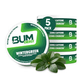 Bum Energy vista frontal del paquete mostrando sabor wintergreen y beneficios