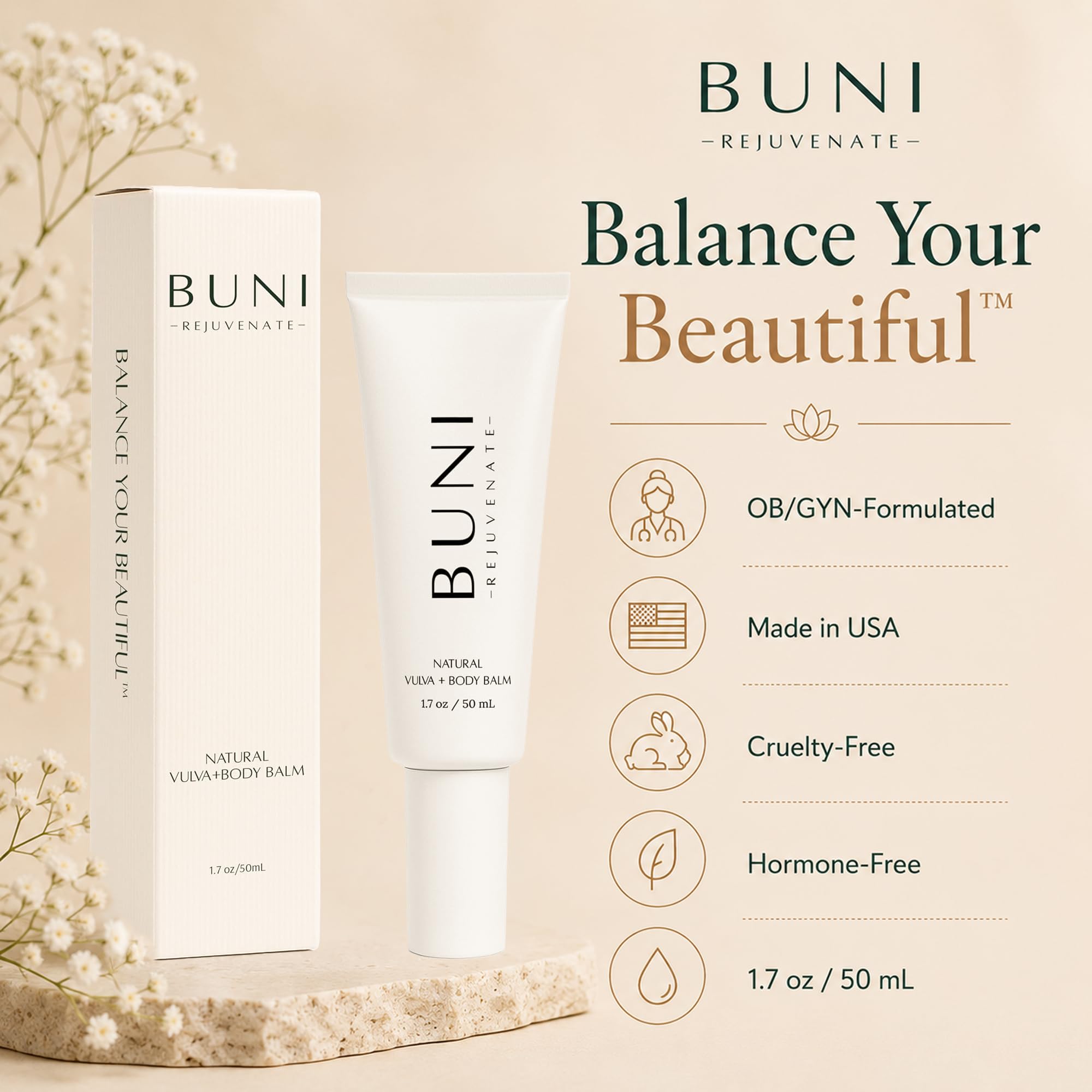 BUNI vulva balm ambiente lifestyle en tocador, transmite rutina íntima discreta
