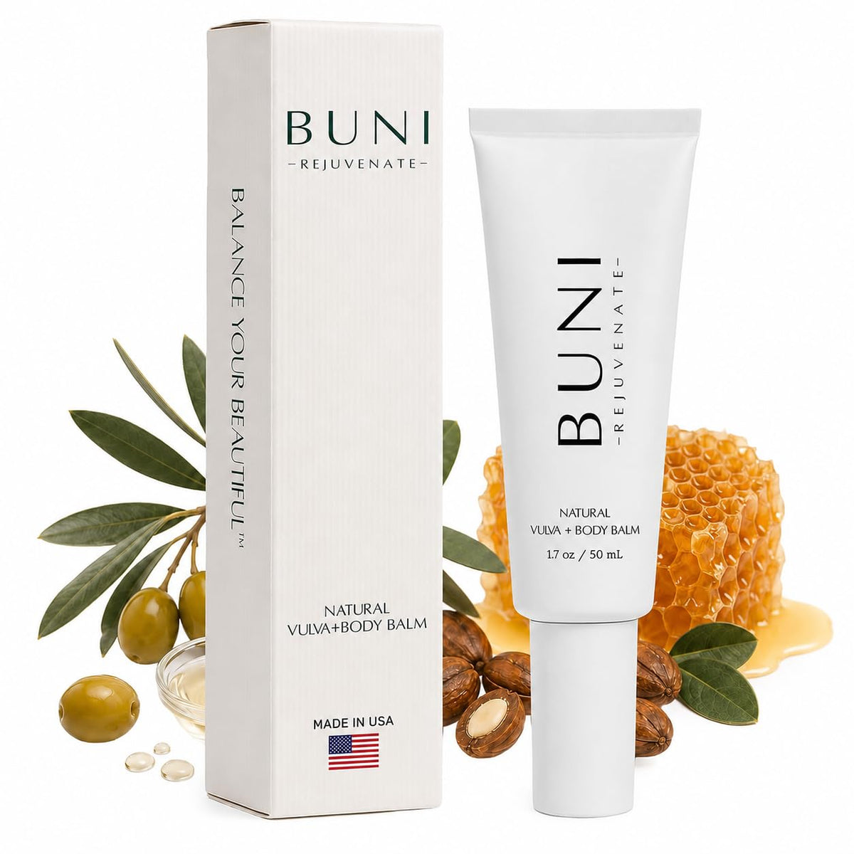 BUNI vulva balm vista frontal del envase, bote higiénico para cuidado íntimo