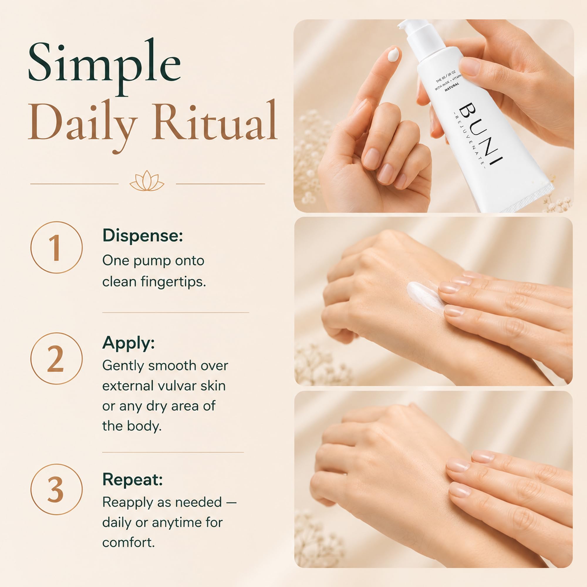 BUNI vulva balm ingredientes clave visibles: hialurónico y aceites botánicos