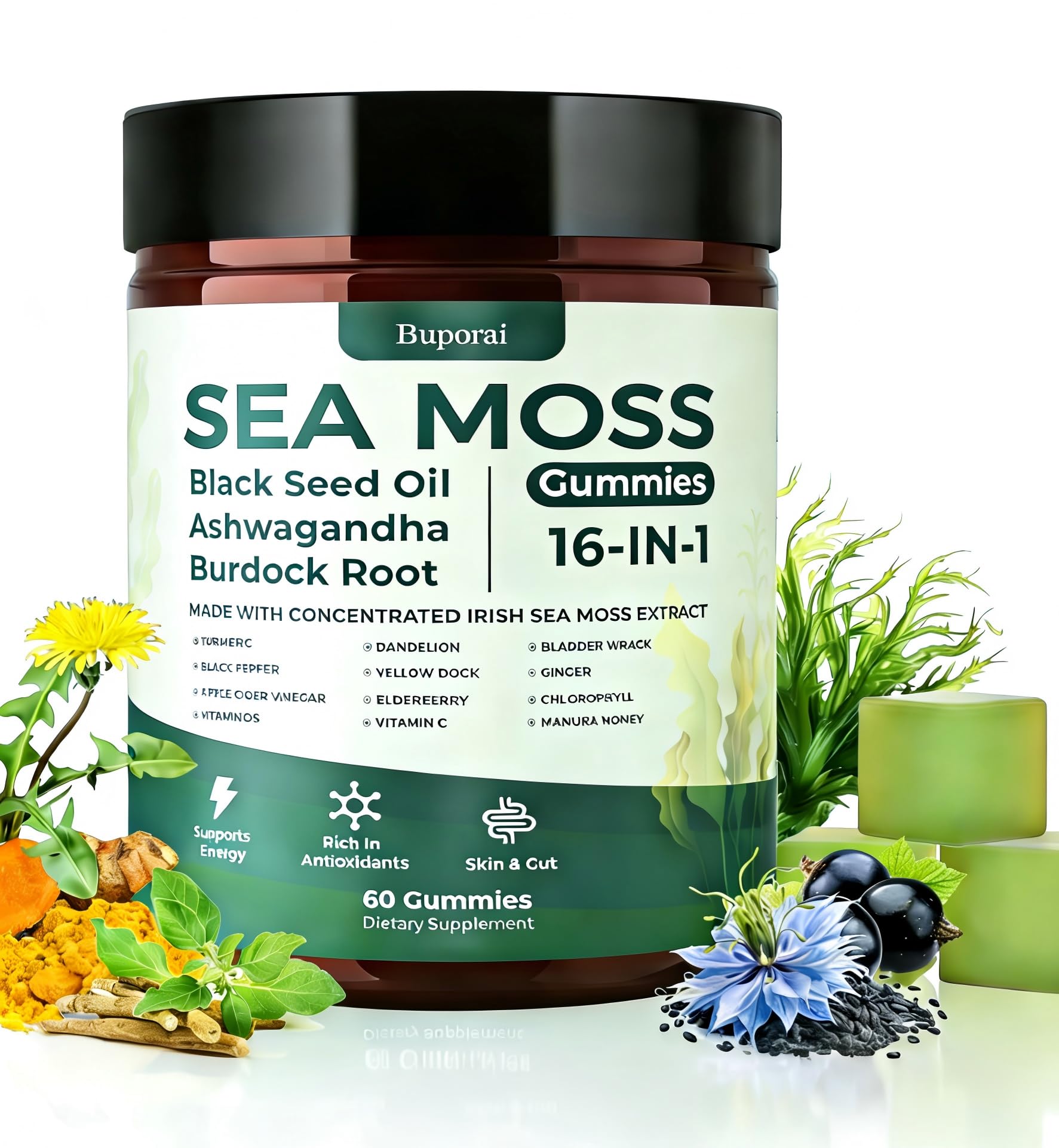 Buporai frasco frontal de gominolas sea moss mostrando envase y cantidad