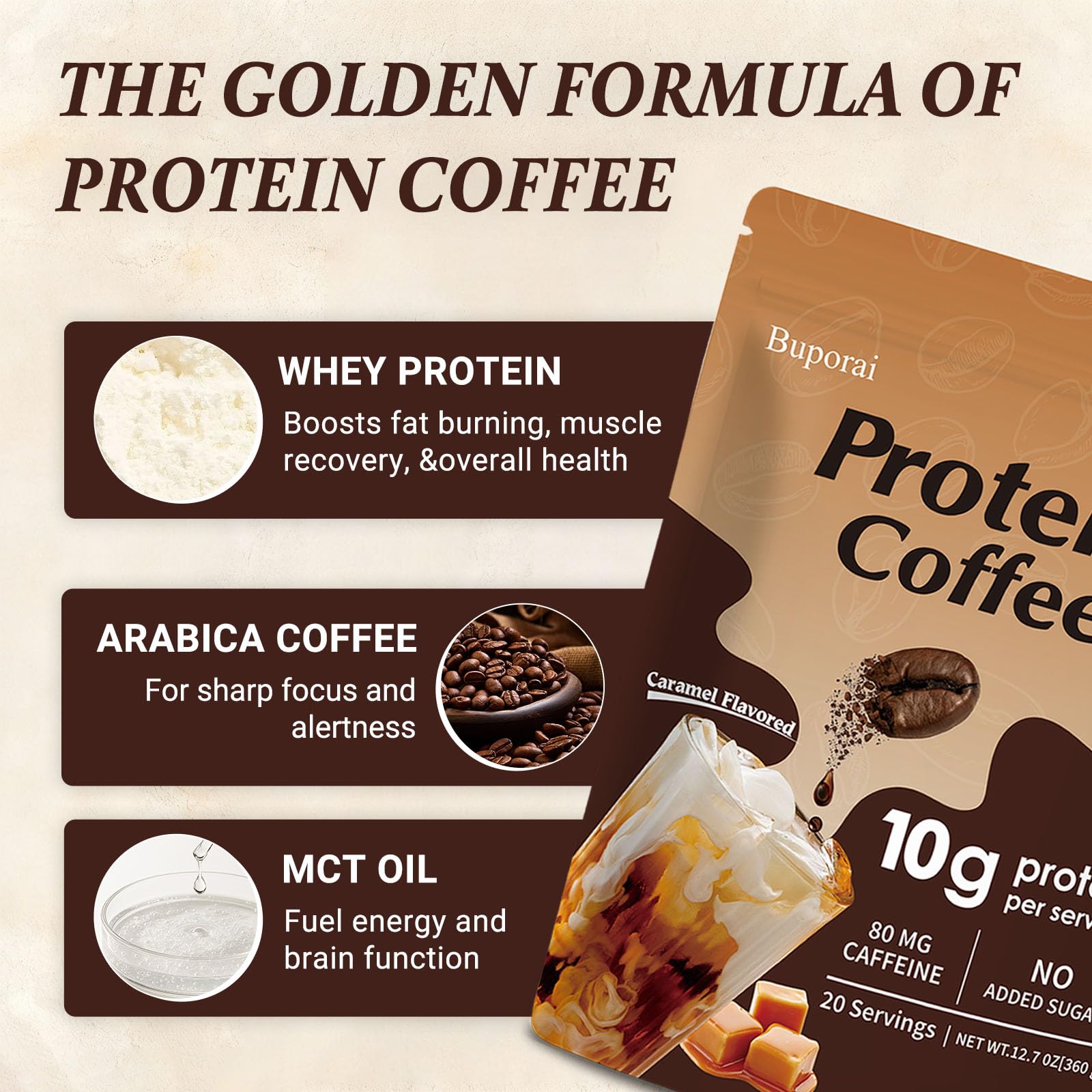 Buporai vaso con hielo preparado como café proteico frío y refrescante