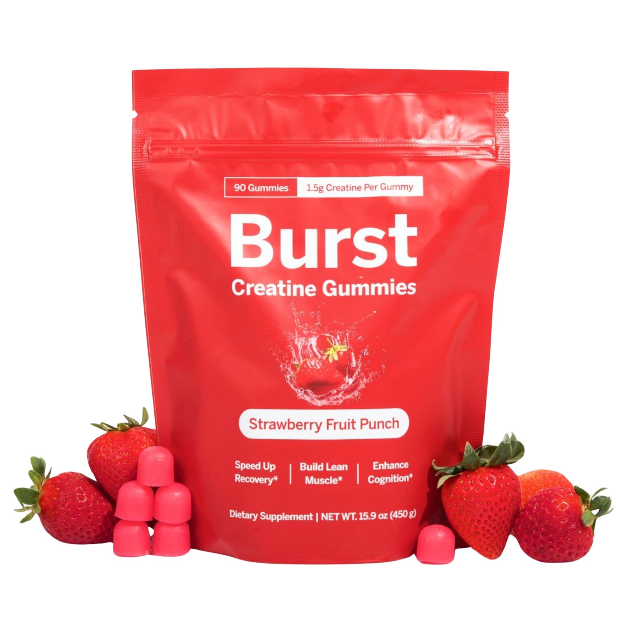 Burst Creatine frasco frontal mostrando 90 gominolas y sello cGMP