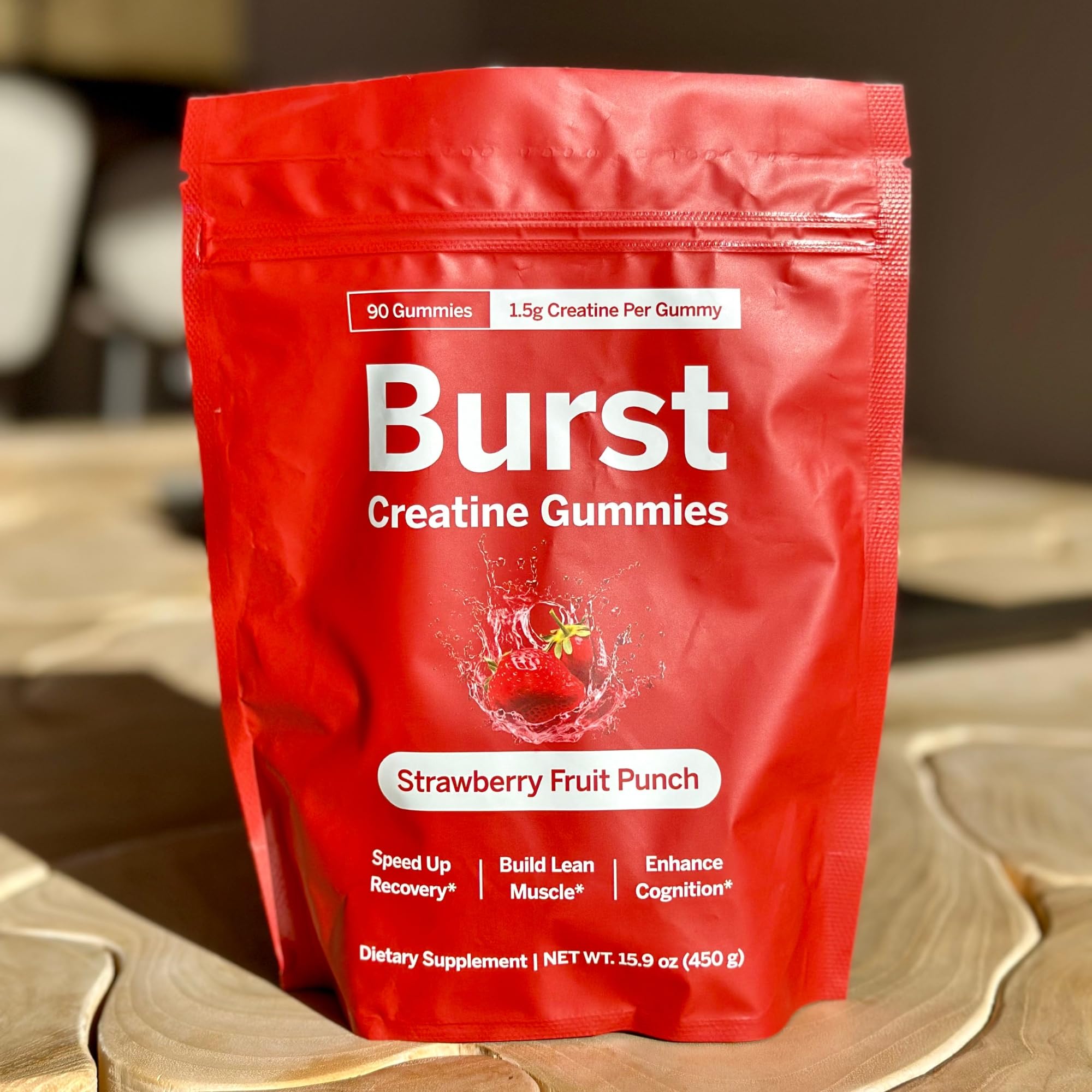 Gominolas Burst Creatine alineadas sobre superficie indicando color y forma