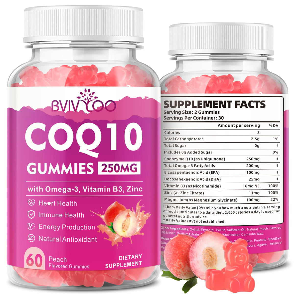 BVIVLOO envase frontal de gomitas CoQ10 mostrando 60 unidades y beneficio práctico