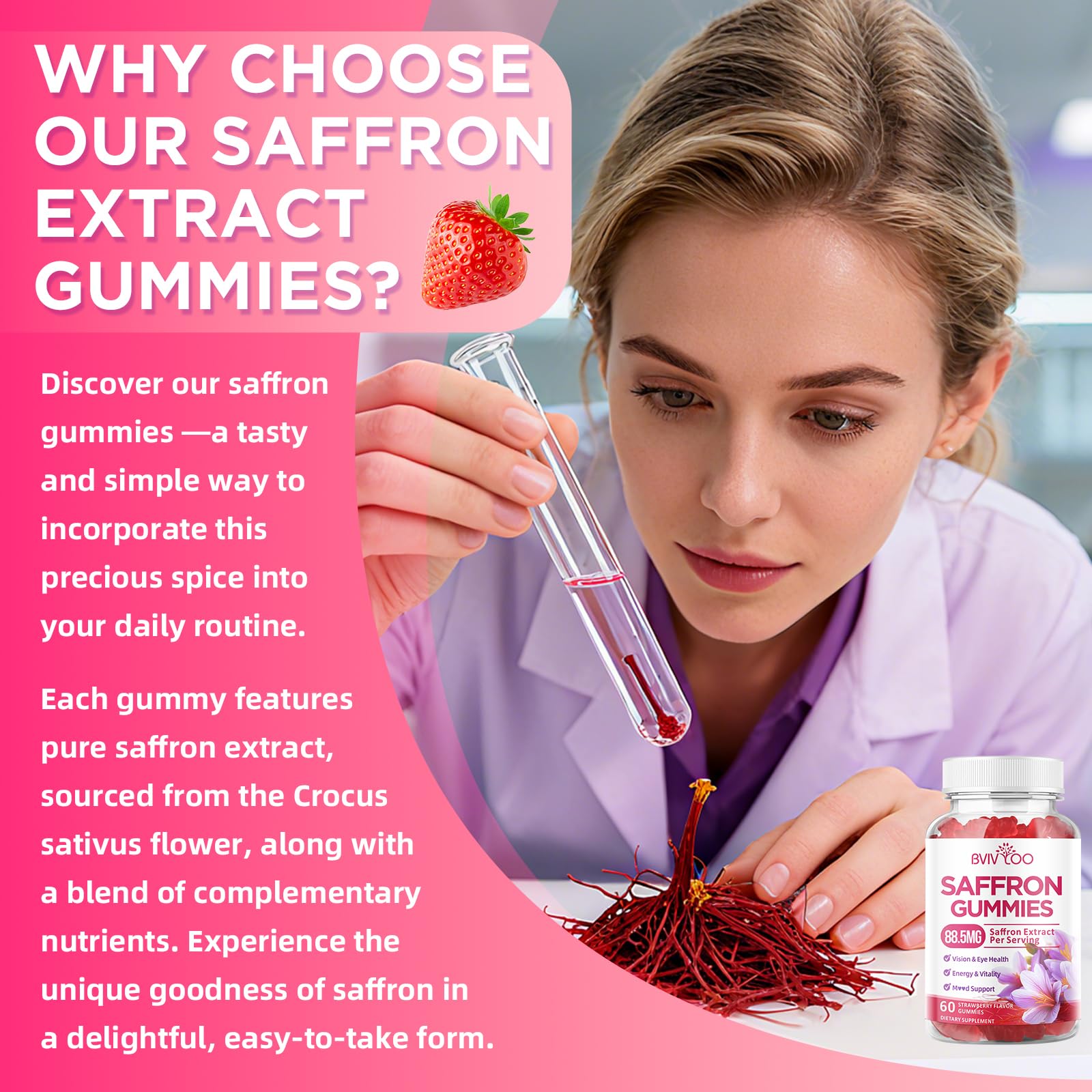 BVIVLOO ingredientes: azafrán y magnesio resaltando pureza