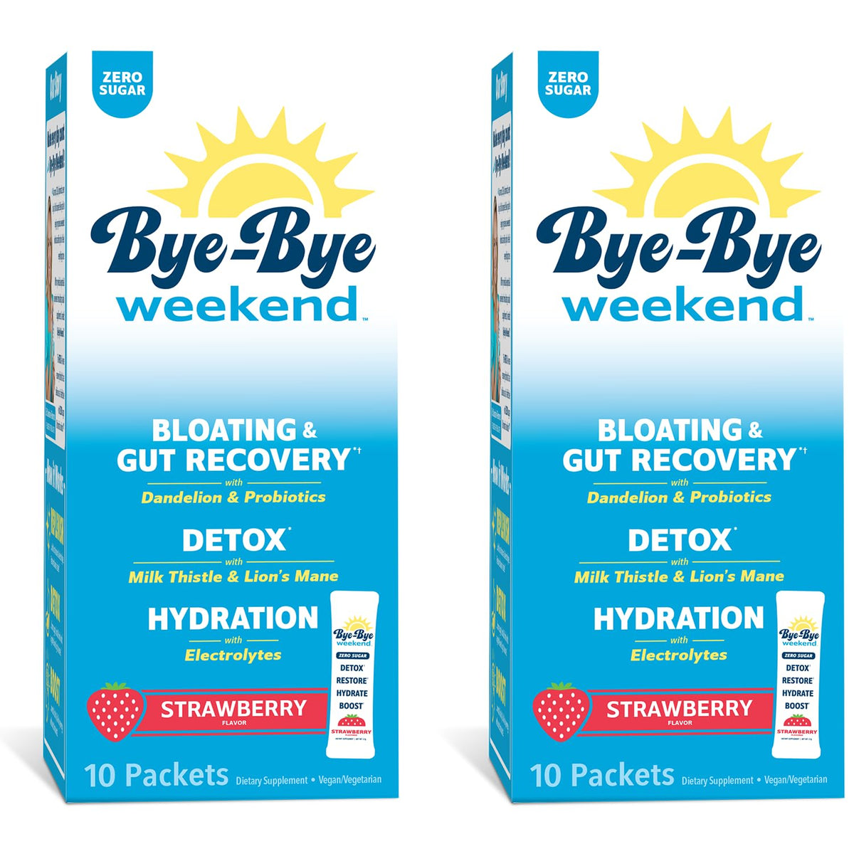 Bye-Bye Weekend frente del empaque mostrando 20 sobres y sabor fresa, conveniente y portátil