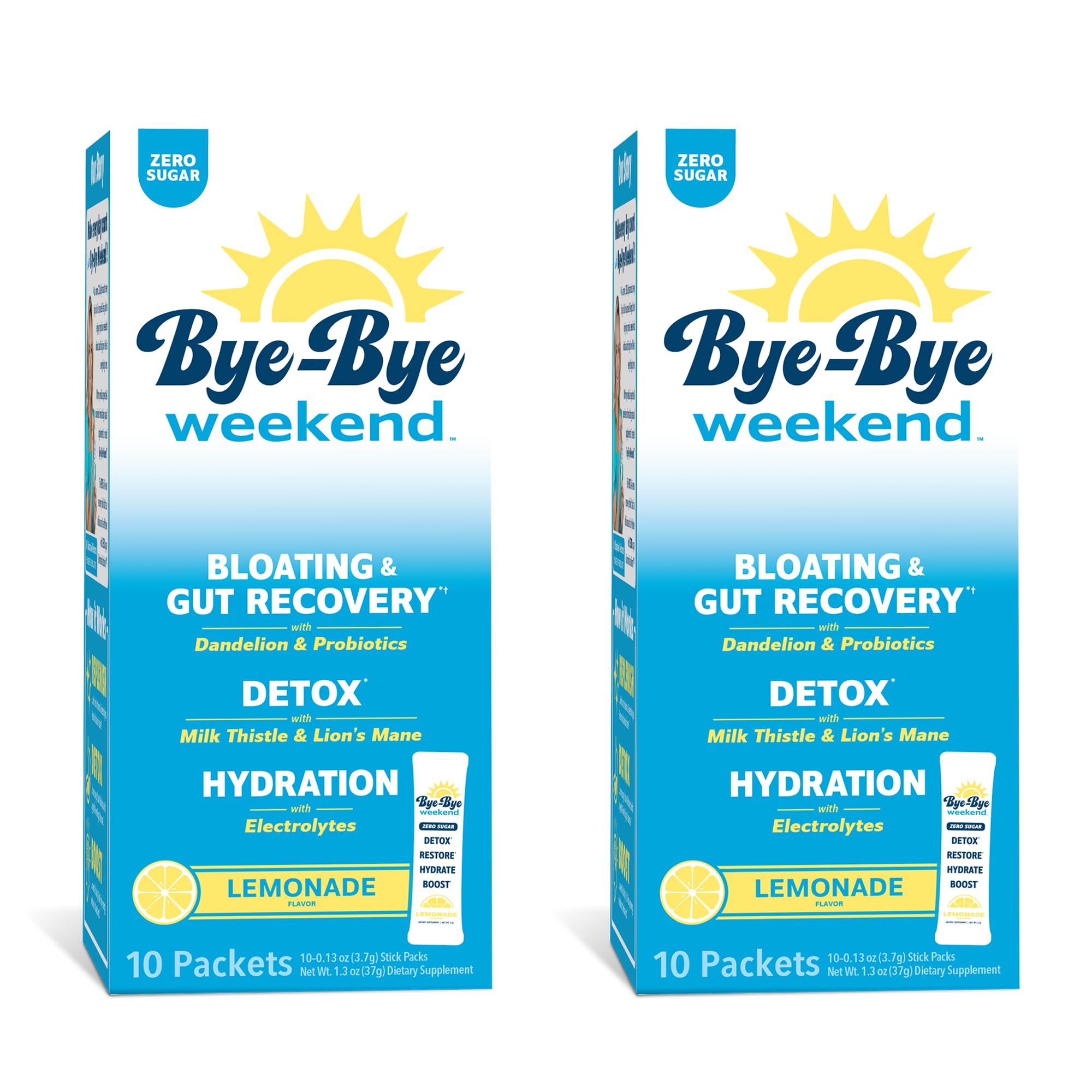 Bye-Bye Weekend envase delantero mostrando 20 sobres y beneficios