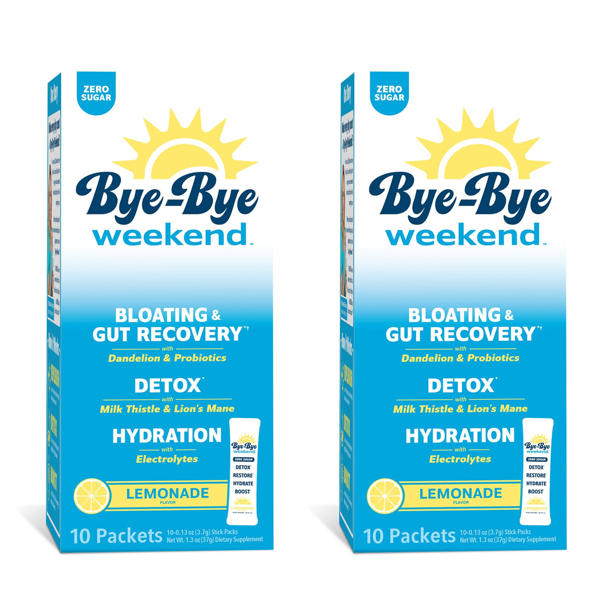 Bye-Bye Weekend envase delantero mostrando 20 sobres y beneficios