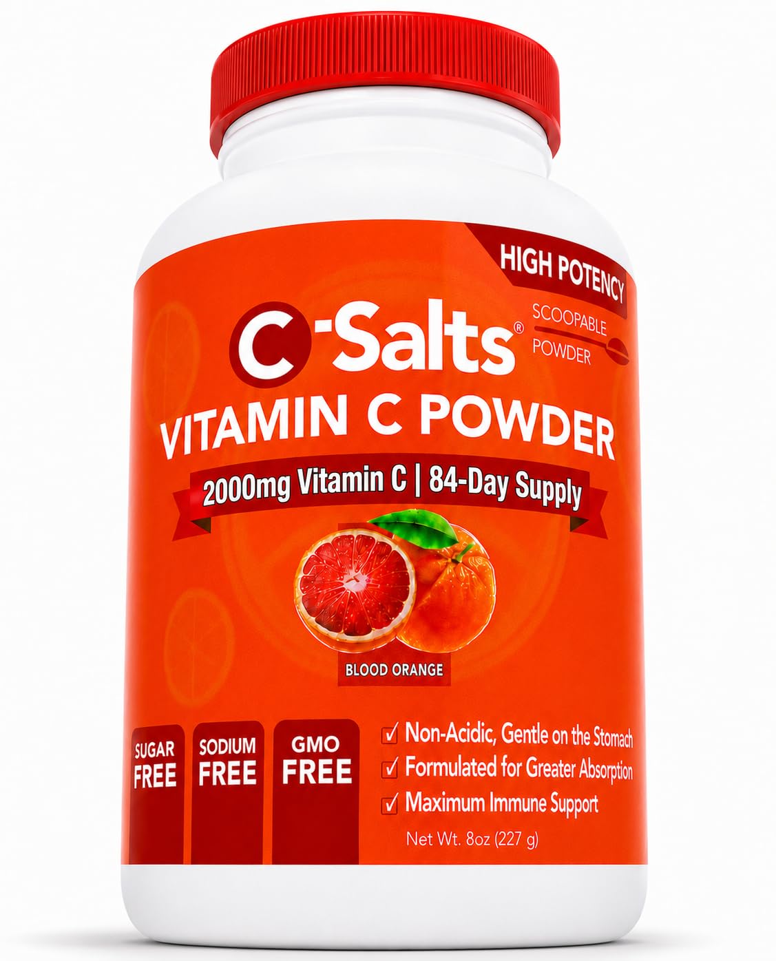 C-Salts envase frontal sabor naranja sanguina y beneficio de dosis alta conveniente