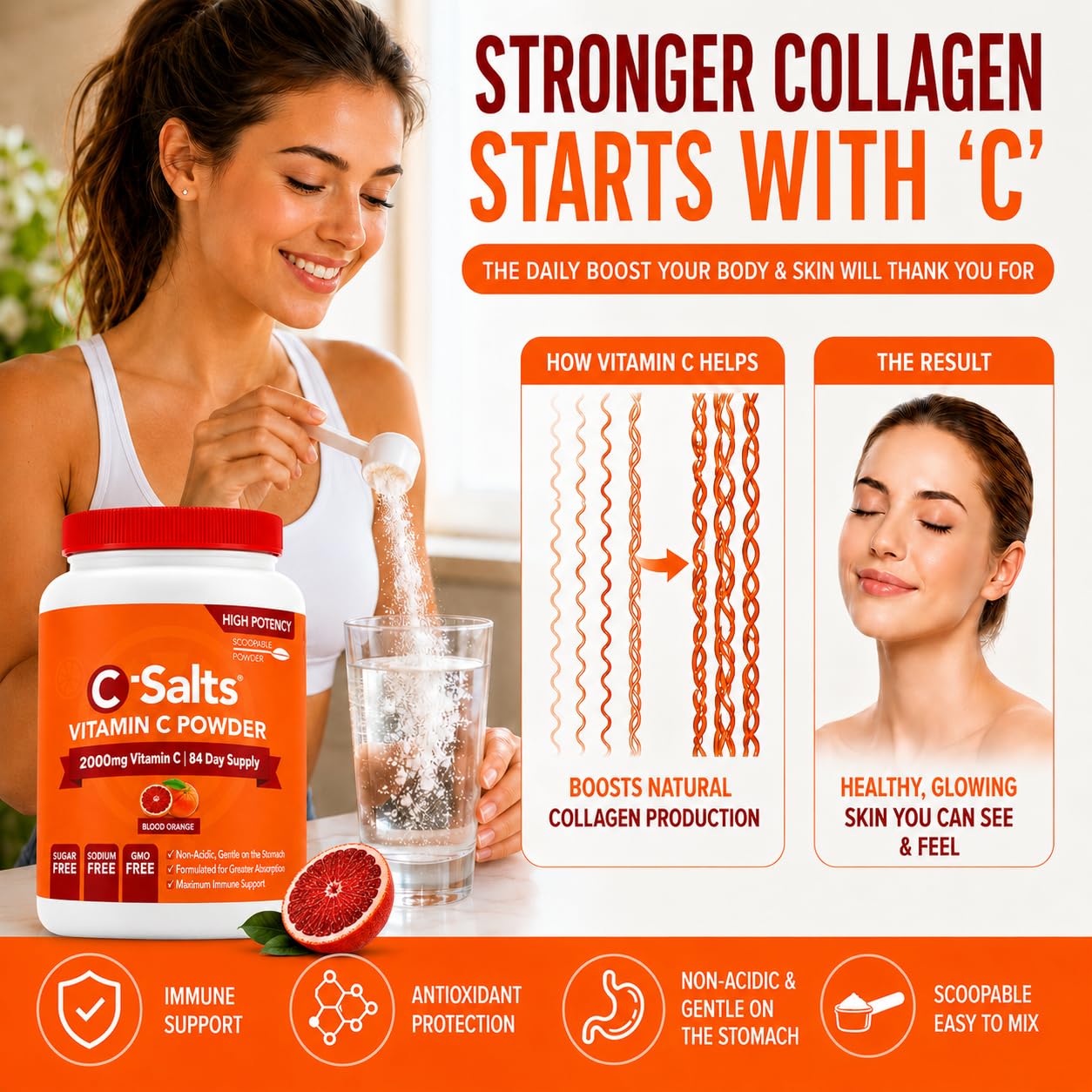 C-Salts polvo mezclado en batido matutino para uso diario y energía visual