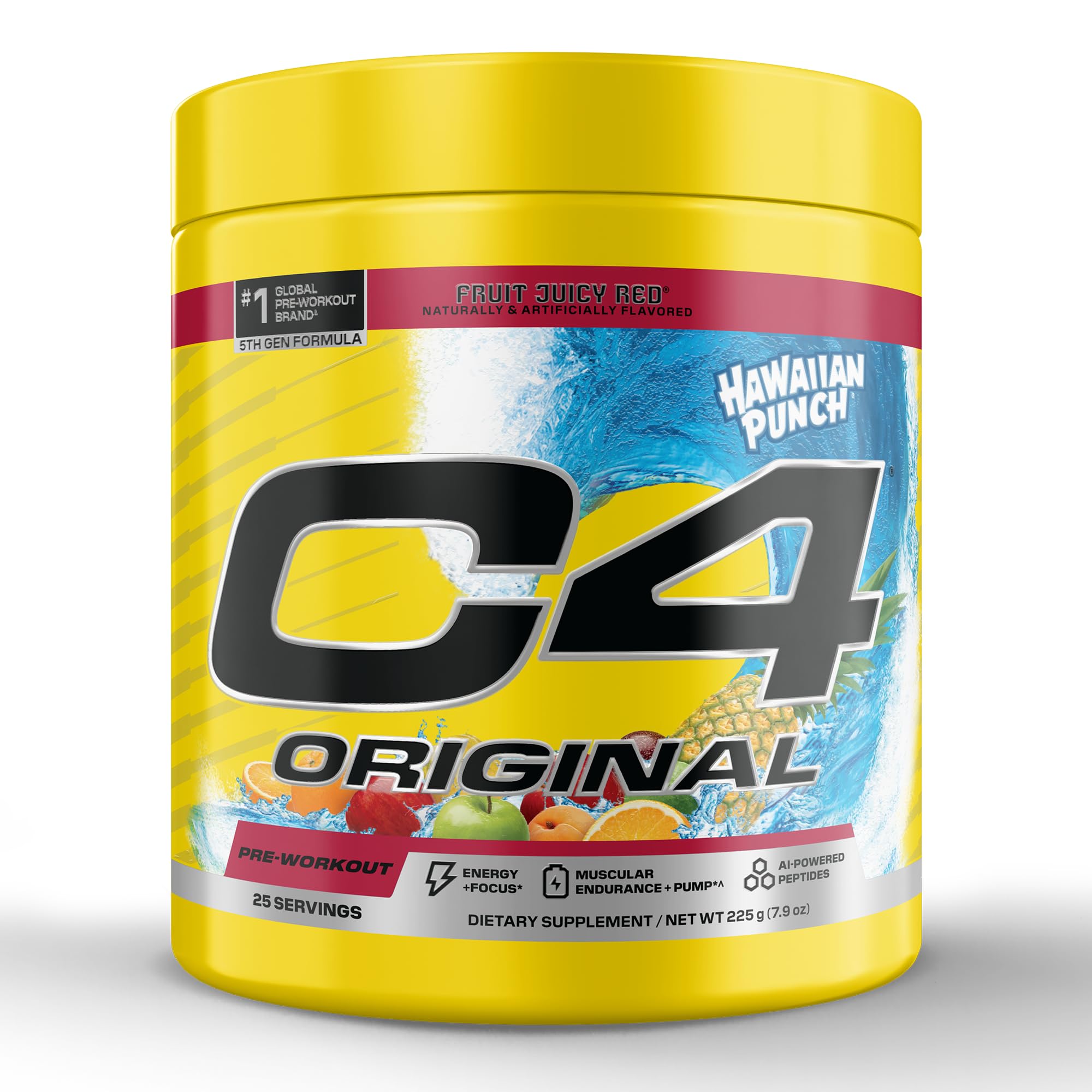 C4 Cellucor envase frontal mostrando sabor Hawaiian Punch y beneficios energéticos