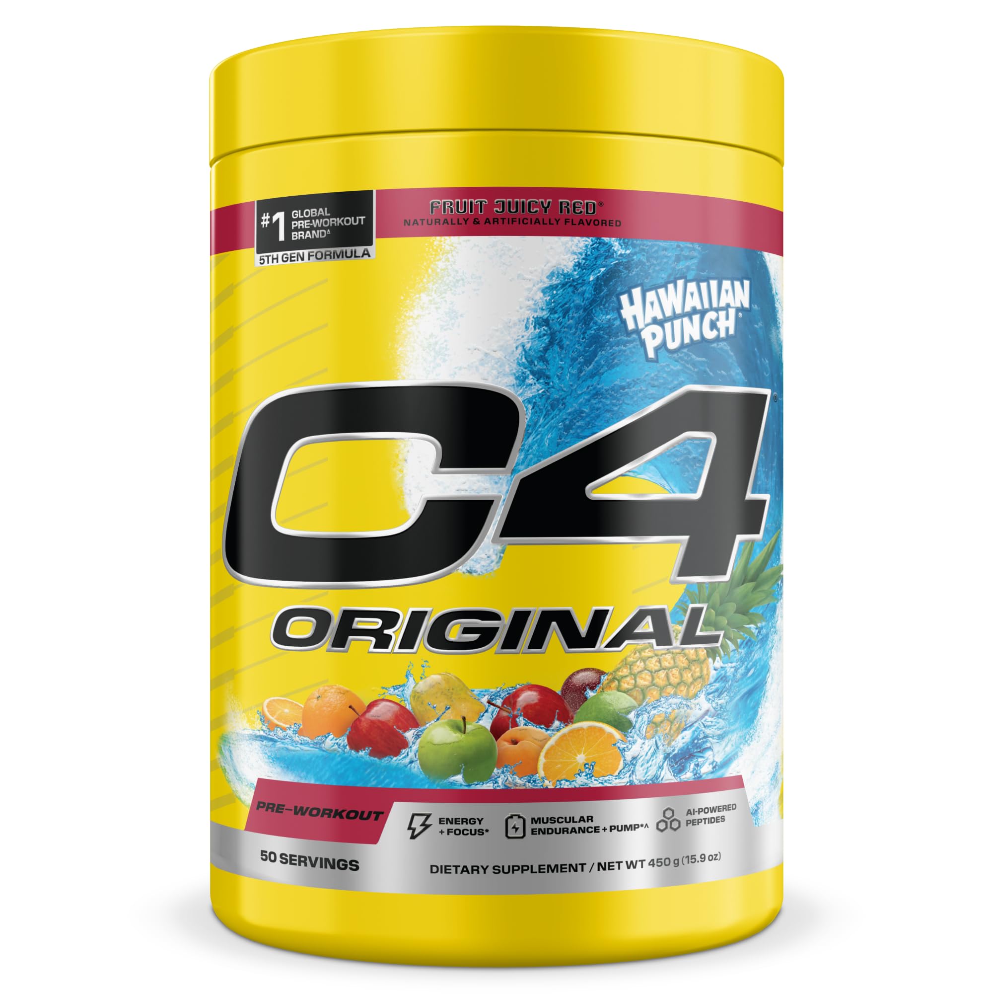 C4 Cellucor envase frontal que muestra sabor Hawaiian Punch y beneficios de energía