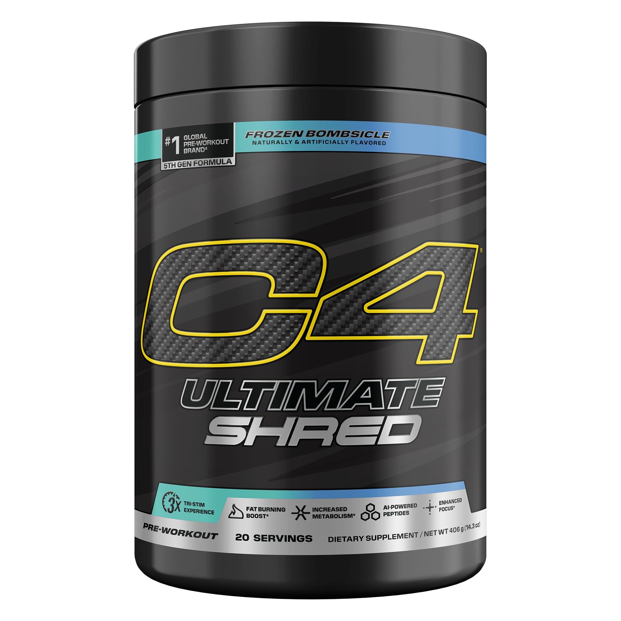 C4 Cellucor frasco frontal mostrando diseño y sabor Frozen Bombsicle, claridad del producto