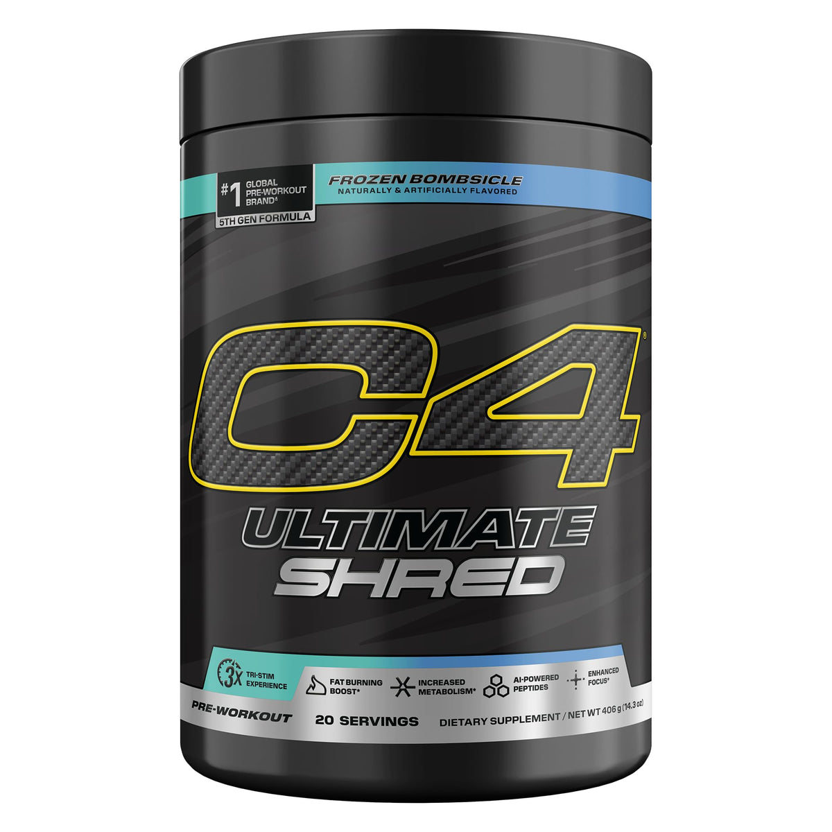 C4 Cellucor frasco frontal mostrando diseño y sabor Frozen Bombsicle, claridad del producto