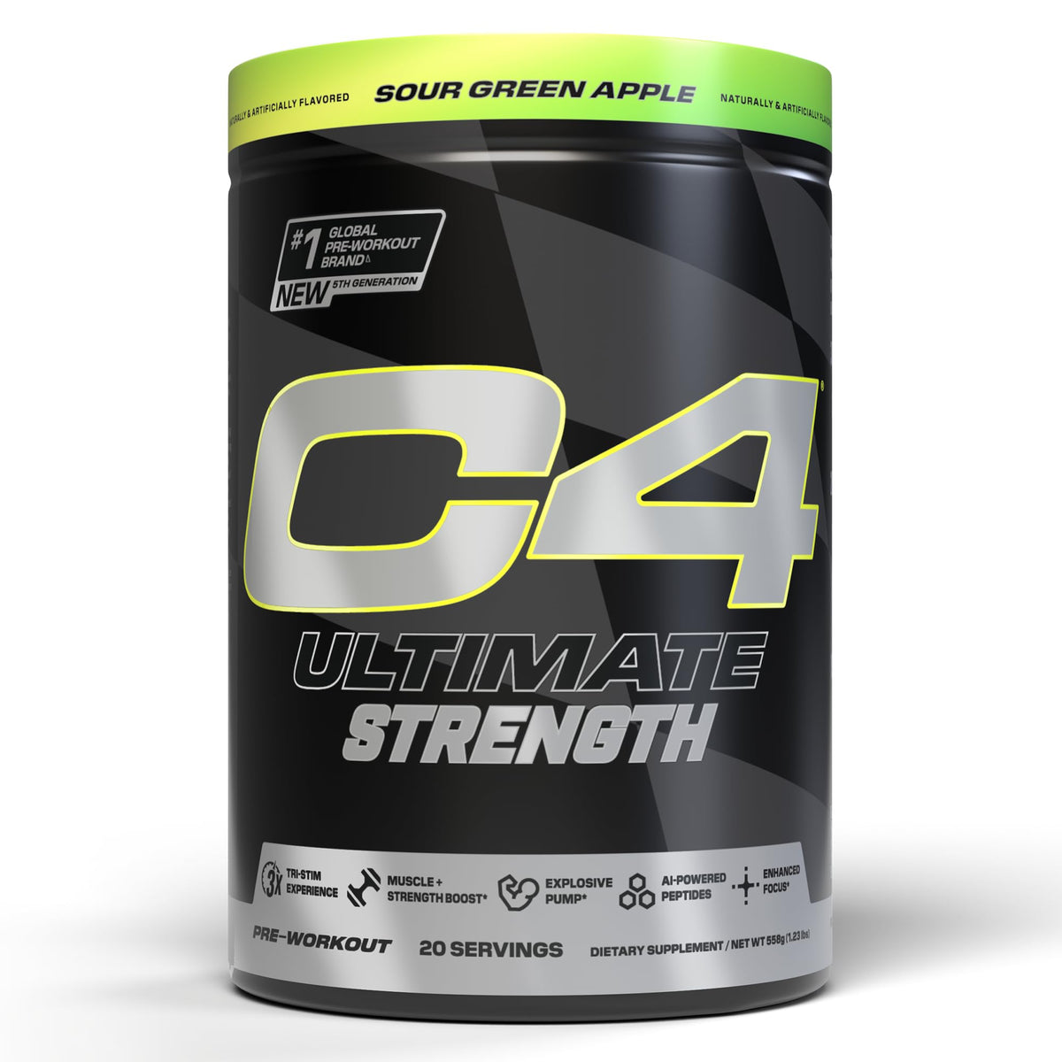 C4 Cellucor frente del envase mostrando diseño y sabor Sour Green Apple, motivación visual