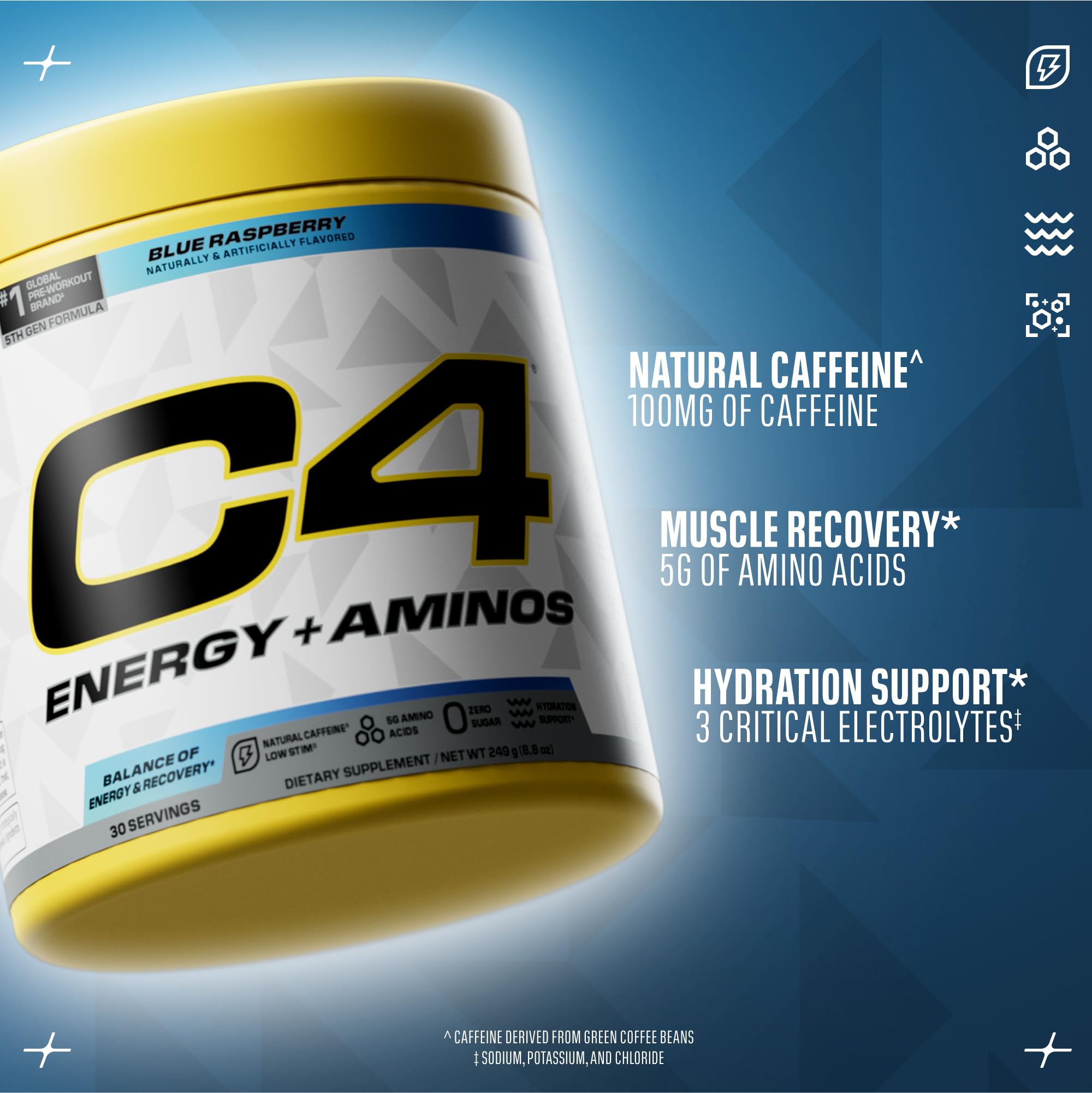 C4 bebida Blue Raspberry lista en vaso, beneficio sabor refrescante