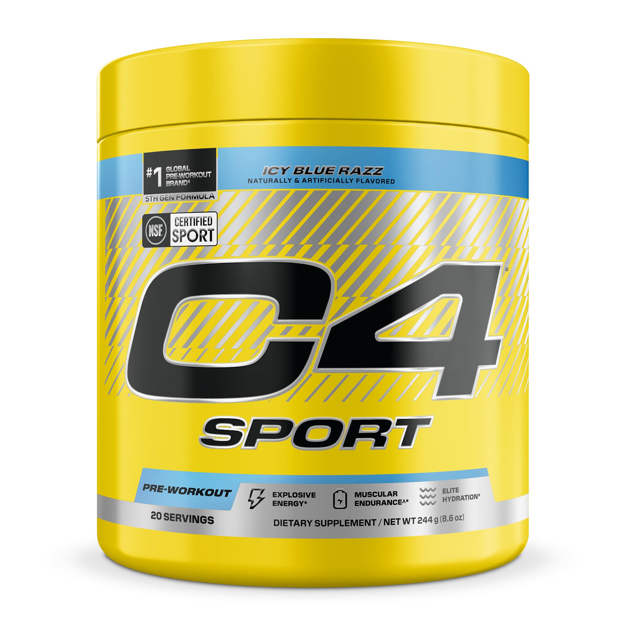 C4 frasco frontal ICY Blue Razz mostrando envase y beneficio energético