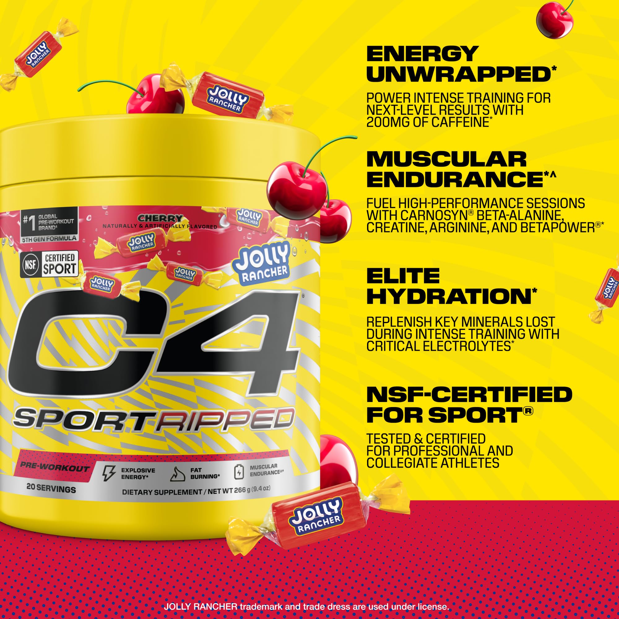 C4 JOLLY RANCHER Cherry polvo en primer plano, textura y mezcla visibles
