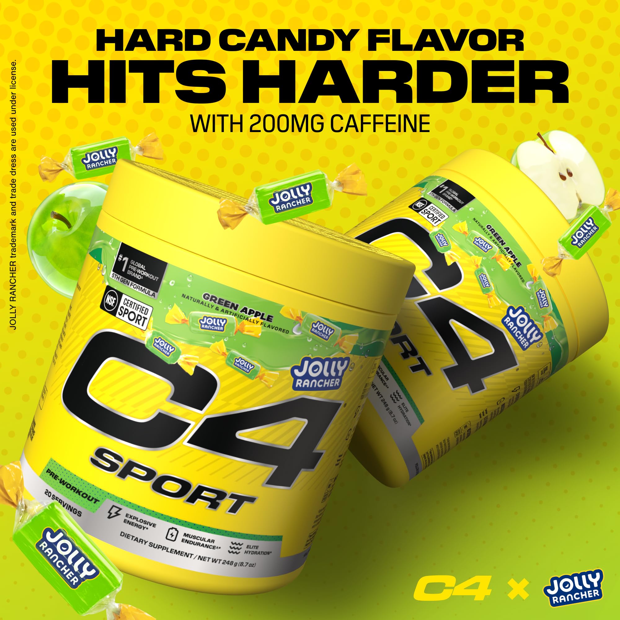Etiqueta de C4 JOLLY RANCHER con lista de ingredientes y certificación NSF, transparencia