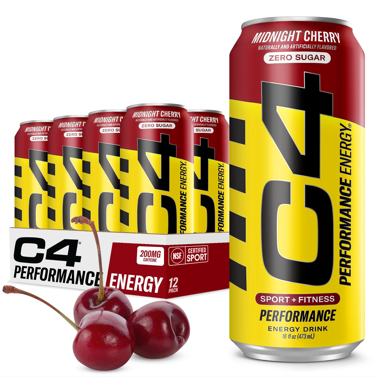 C4 lata frontal Midnight Cherry mostrando diseño y sabor