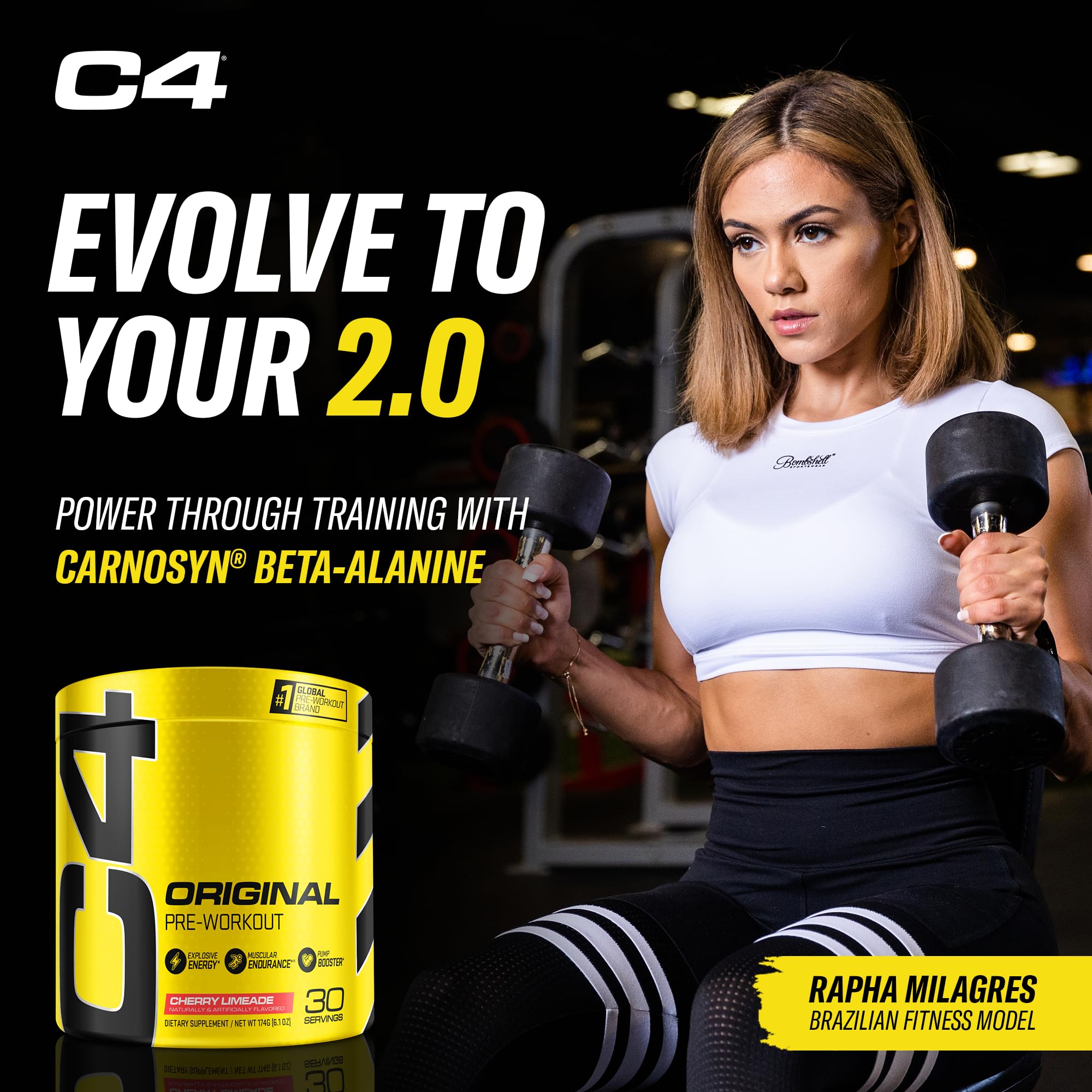 C4 etiqueta con ingredientes clave como cafeína y CarnoSyn beta-alanina