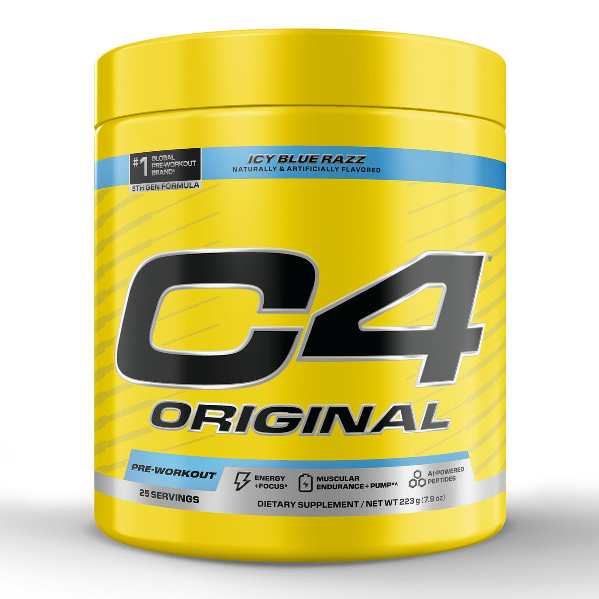 C4 envase frontal ICY Blue Razz mostrando la marca y beneficio de energía rápida