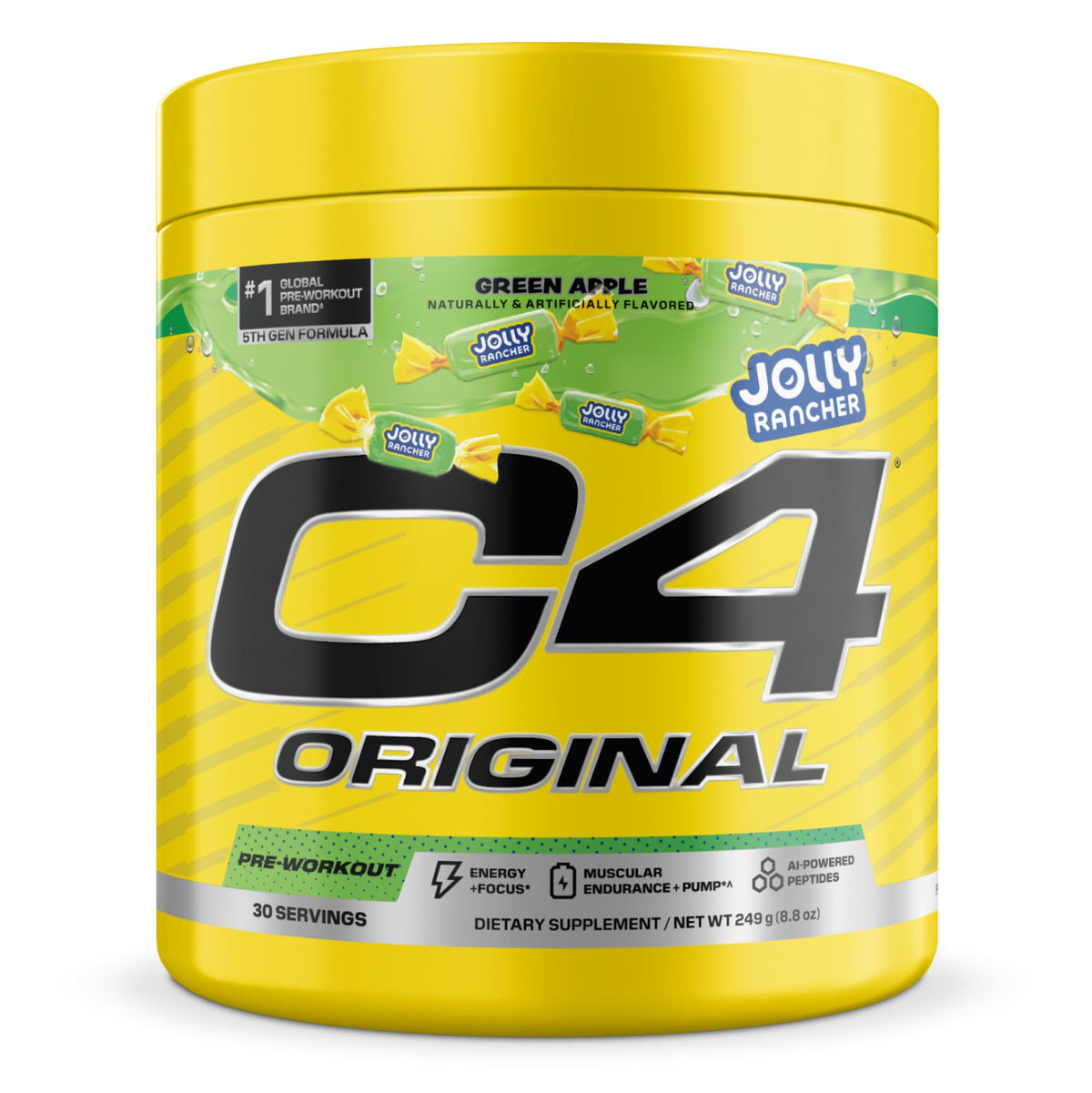 C4 envase frontal Jolly Rancher Green Apple mostrando diseño y beneficio energía