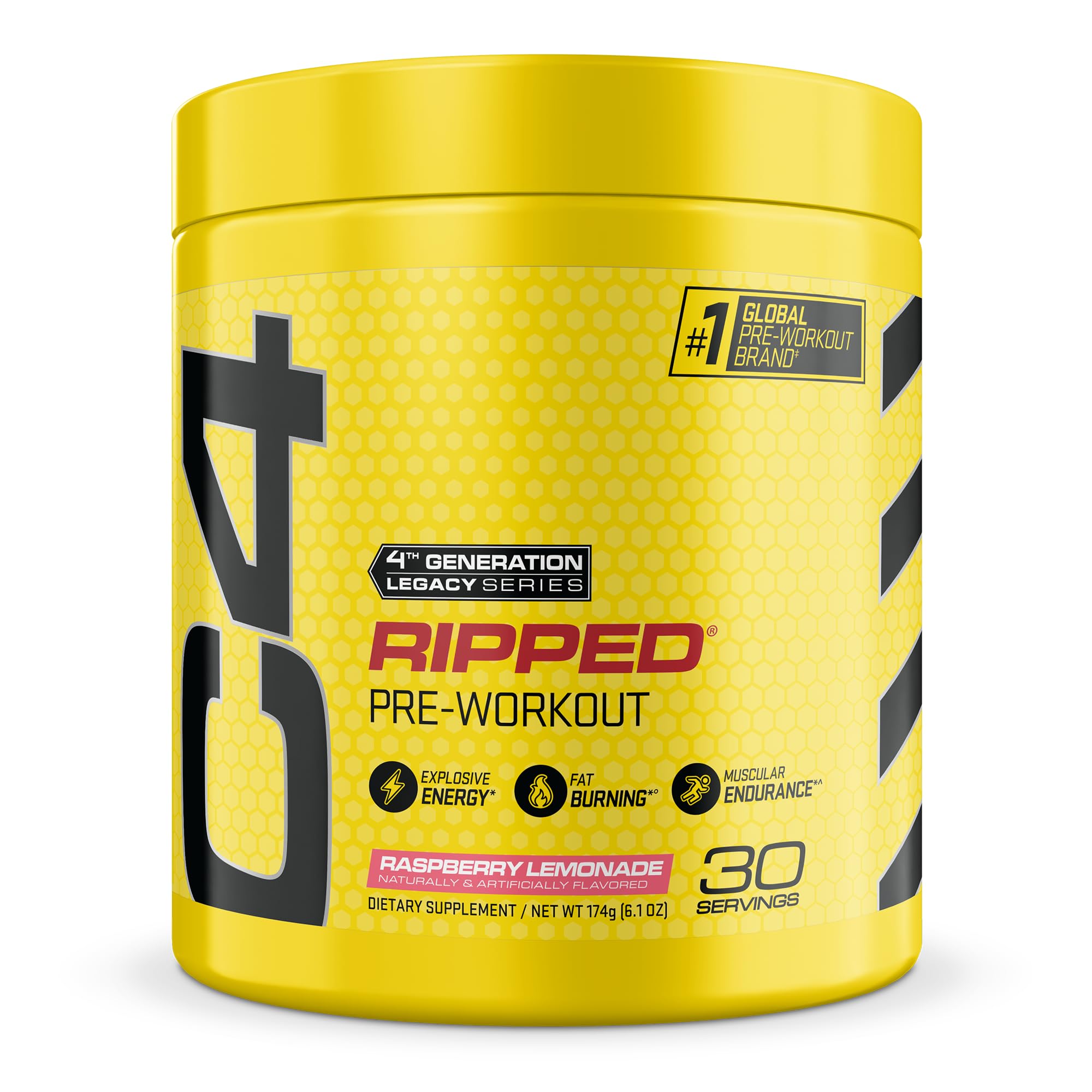 C4 Ripped frontal con sabor raspberry lemonade mostrando envase y porciones, C4 energía rápida