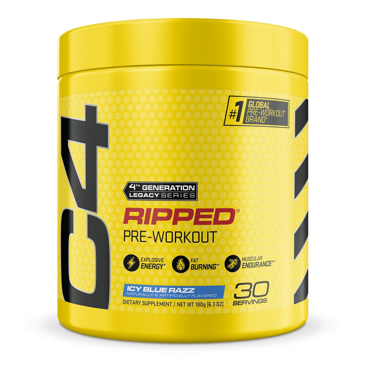 C4 Ripped frente del envase Icey Blue Razz con información visible y beneficio energético