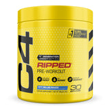 C4 Ripped frente del envase Icey Blue Razz con información visible y beneficio energético
