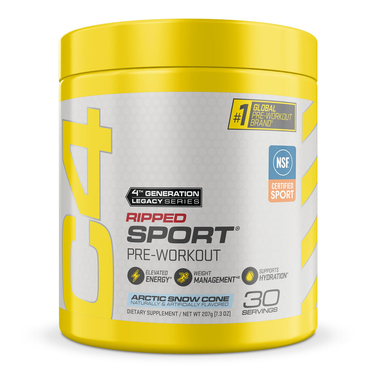 C4 Ripped Sport frontal del envase mostrando el sabor Arctic Snow Cone y beneficio energético