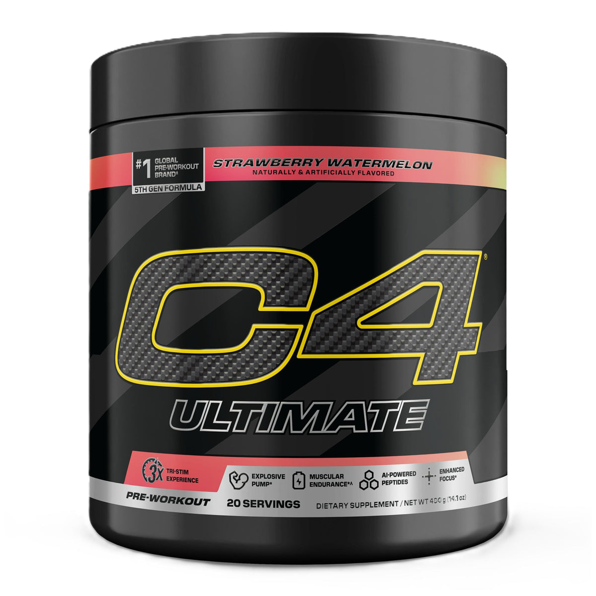 C4 envase frontal mostrando diseño y beneficios pre entreno