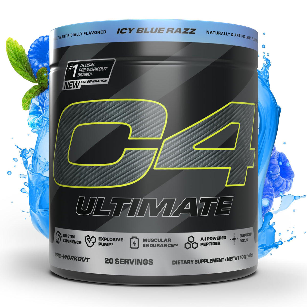 C4 envase frontal ICY Blue Razz mostrando diseño y cantidad 20 servicios