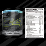 Etiqueta de ingredientes C4 Ultimate destacando cafeína y mezclas patentadas