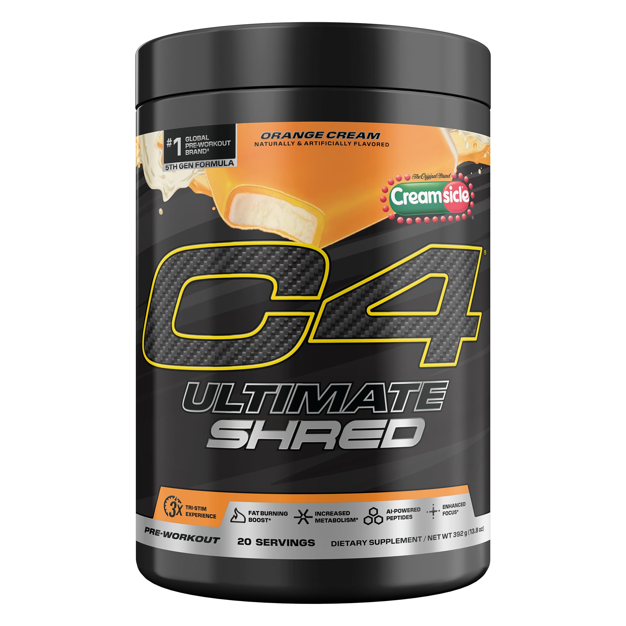 C4 envase frontal Ultimate Shred mostrando diseño y sabor Orange Creamsicle