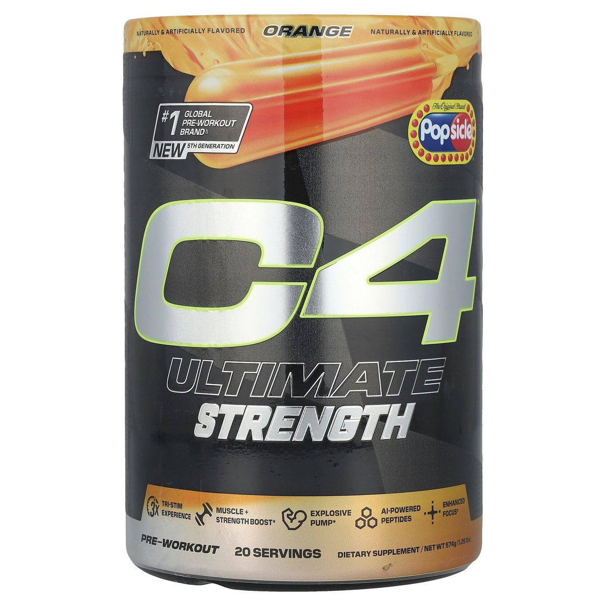 C4 envase frontal mostrando etiqueta y beneficio energía tri‑stim