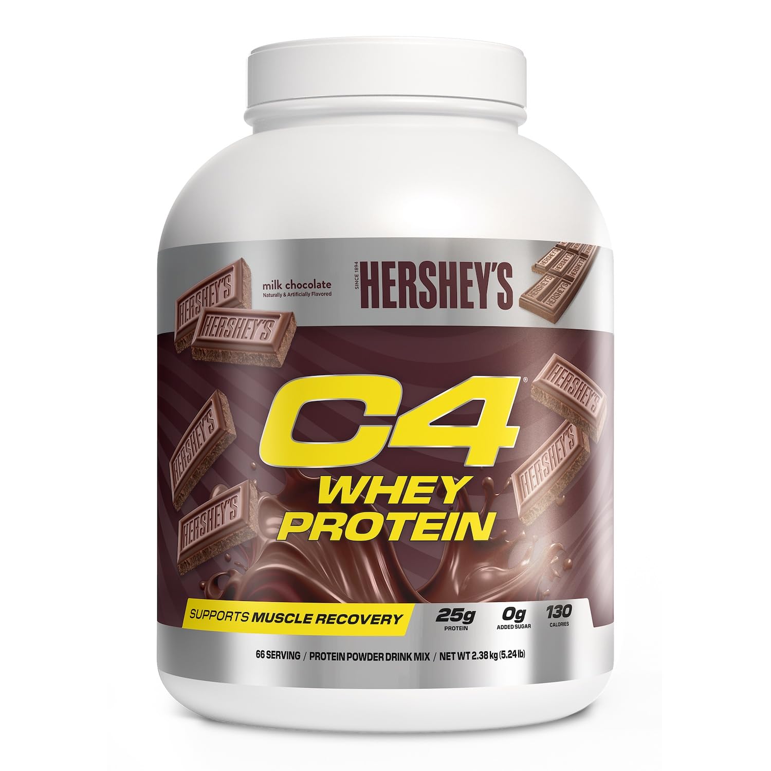 C4 Whey HERSHEY'S frente del envase mostrando raciones y sabor beneficioso