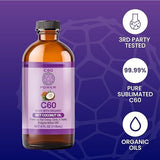 C60 Purple Power primer plano de la etiqueta mostrando ingredientes y certificaciones