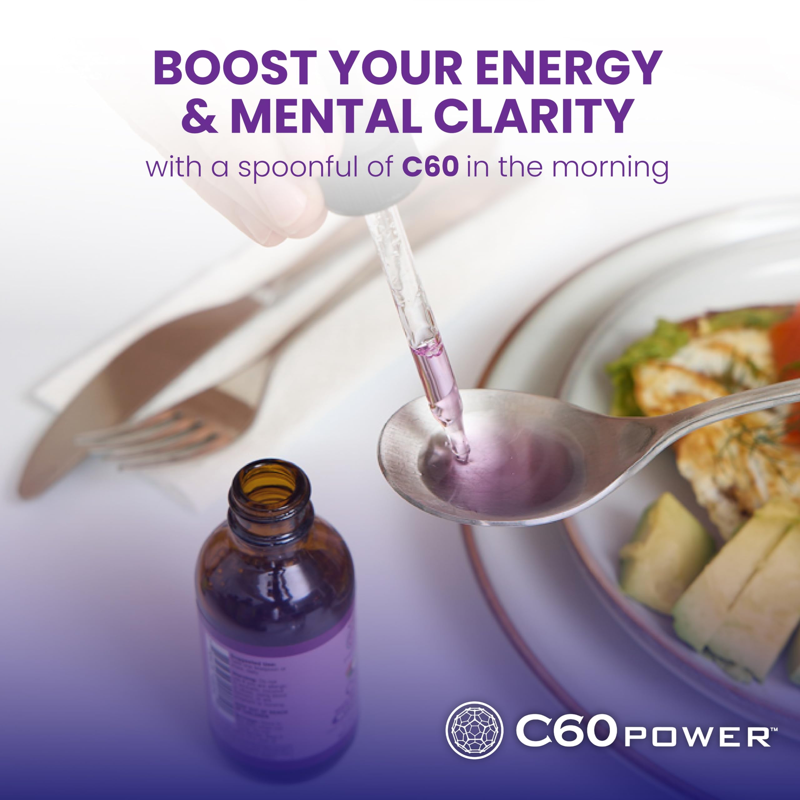 C60 Purple Power botella en mano para mostrar escala y facilidad de transporte