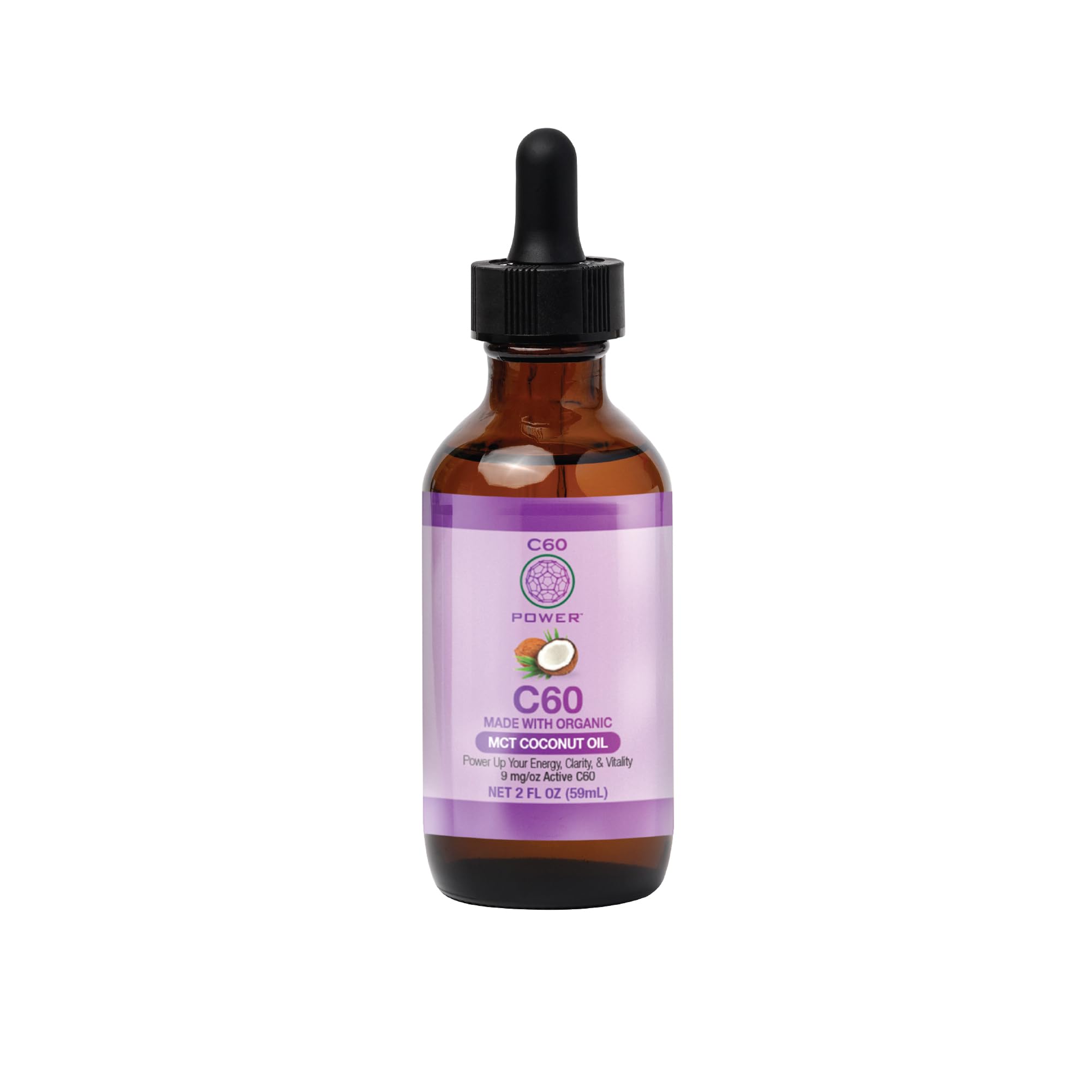 C60 Purple Power botella frontal 2 oz mostrando sello de pureza
