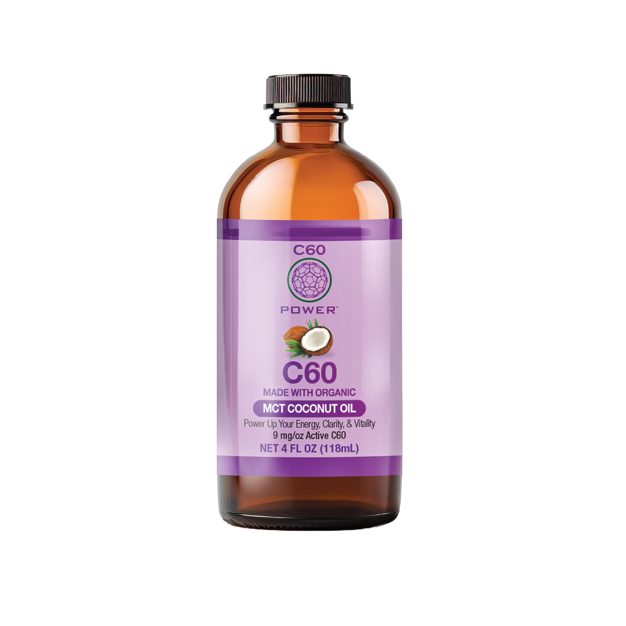 C60 Purple Power vista frontal del envase MCT 4 oz con etiqueta clara y beneficios