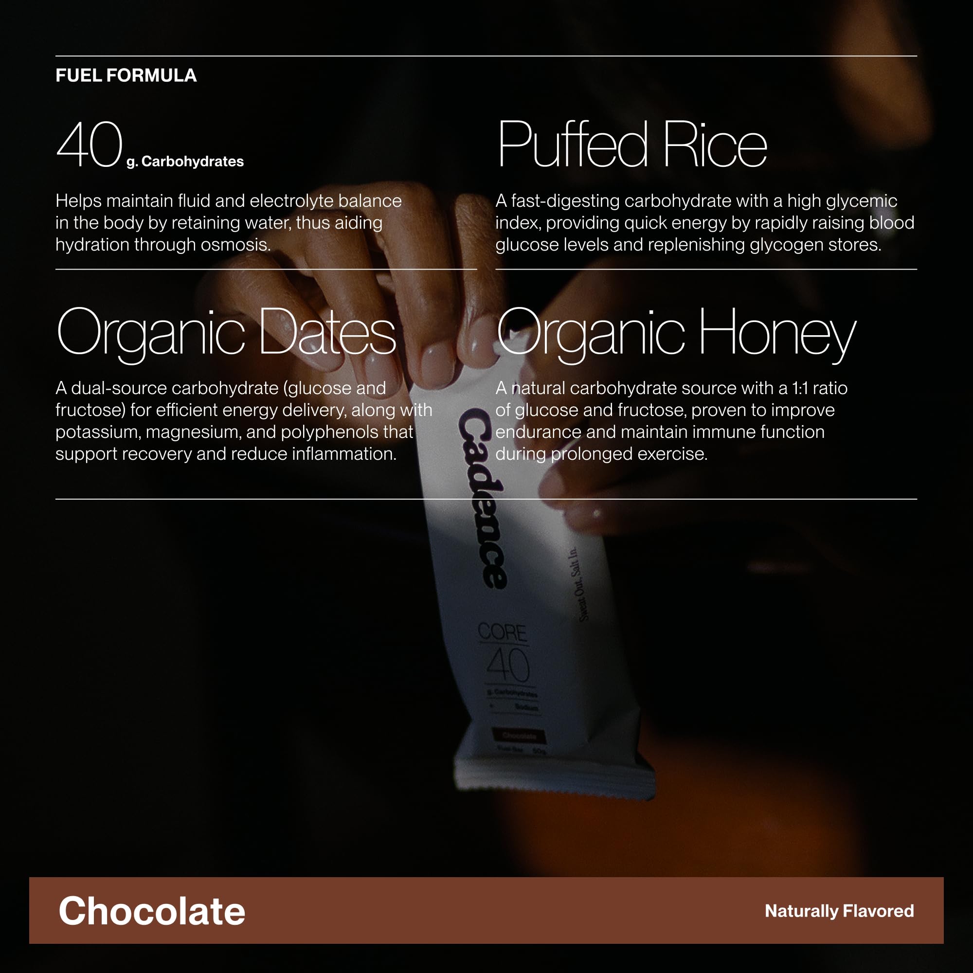Ingredientes naturales Cadence como dátiles y harina de almendra, destaca origen limpio