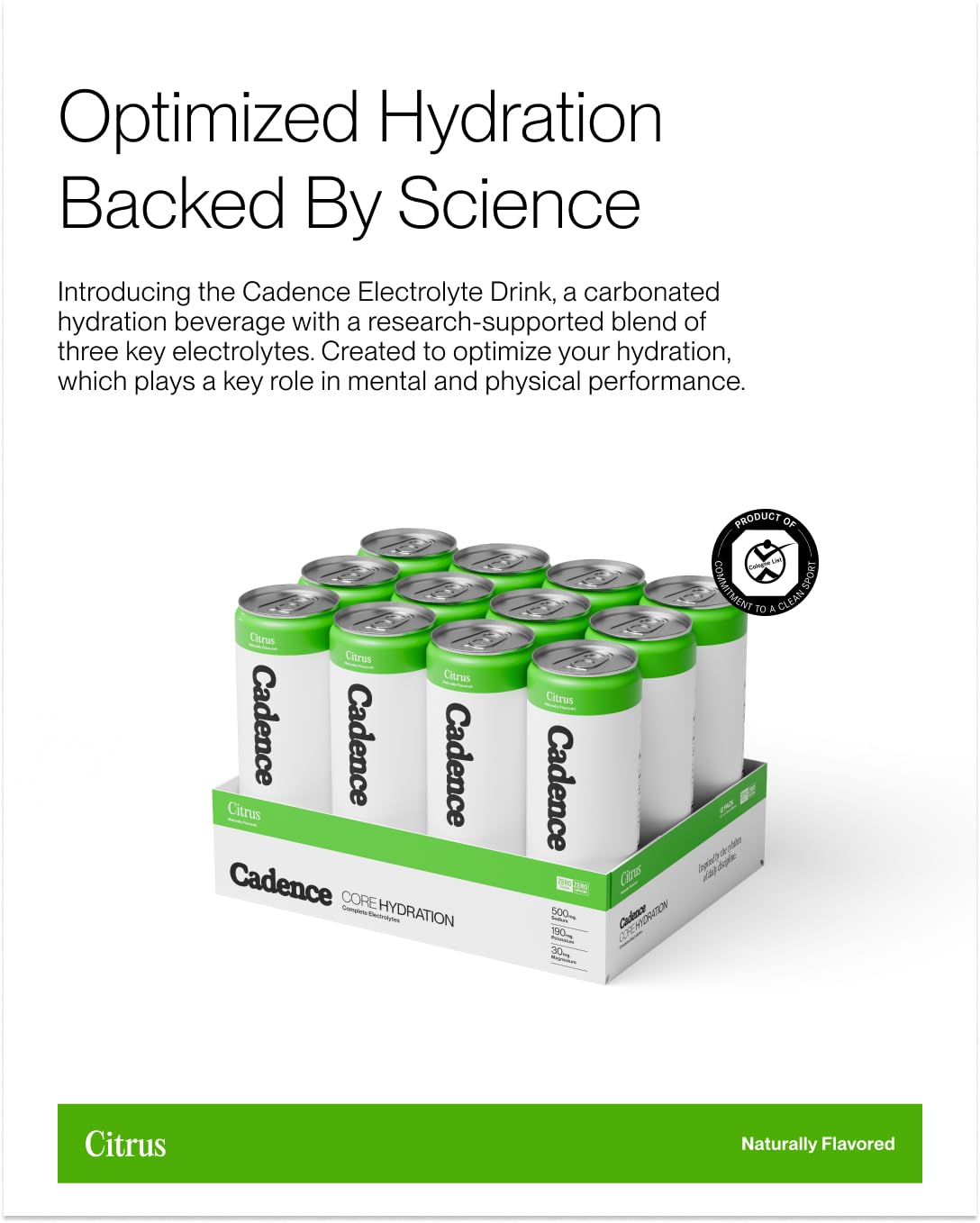 Detalle de la etiqueta Cadence con la lista de electrolitos y beneficios claros