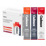 Cadence pack frontal mostrando caja de 30 sobres, solución de hidratación práctica